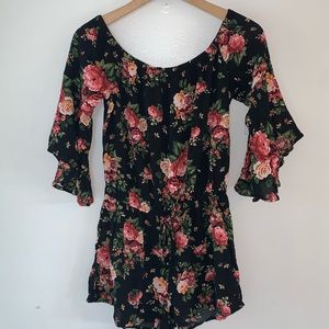 Black with pink floral romper